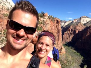 Joe & Emily hiking up the crazy Angel's landing in Zion National park