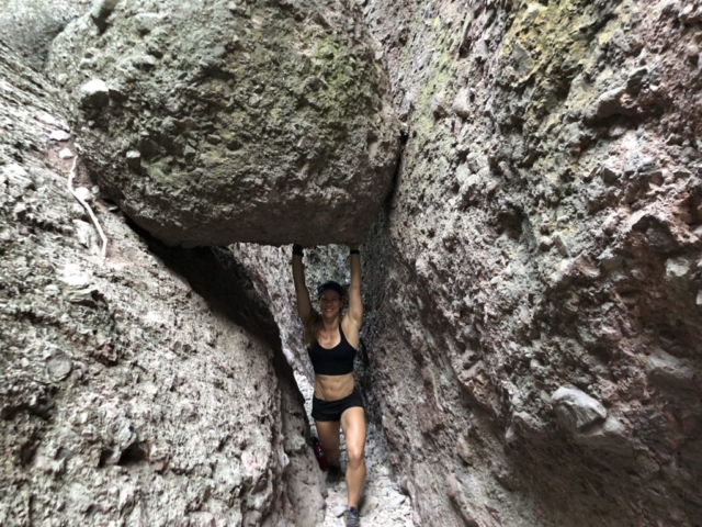 Emily showing off her strength on Balconies Cave Trail in Pinnacles National Park