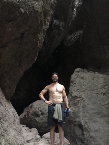 Joe Bauer in Balconies Cave in Pinnacles National Park