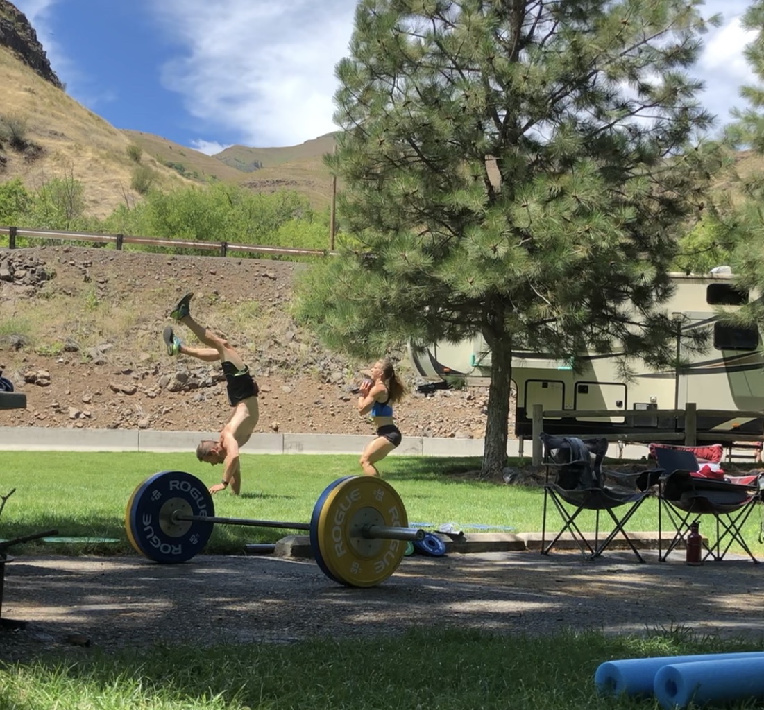Joe and Emily doing a super fun campground workout