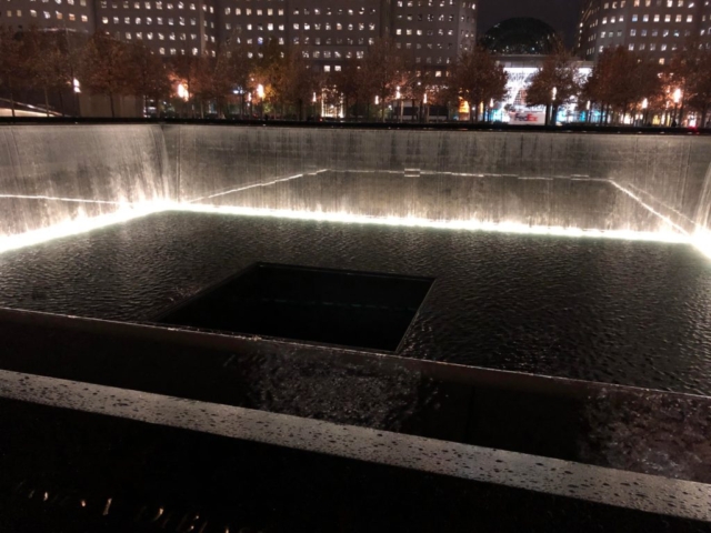 911 water memorial at night