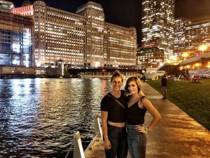 Emily and Adrienne in Chicago after eating pizza