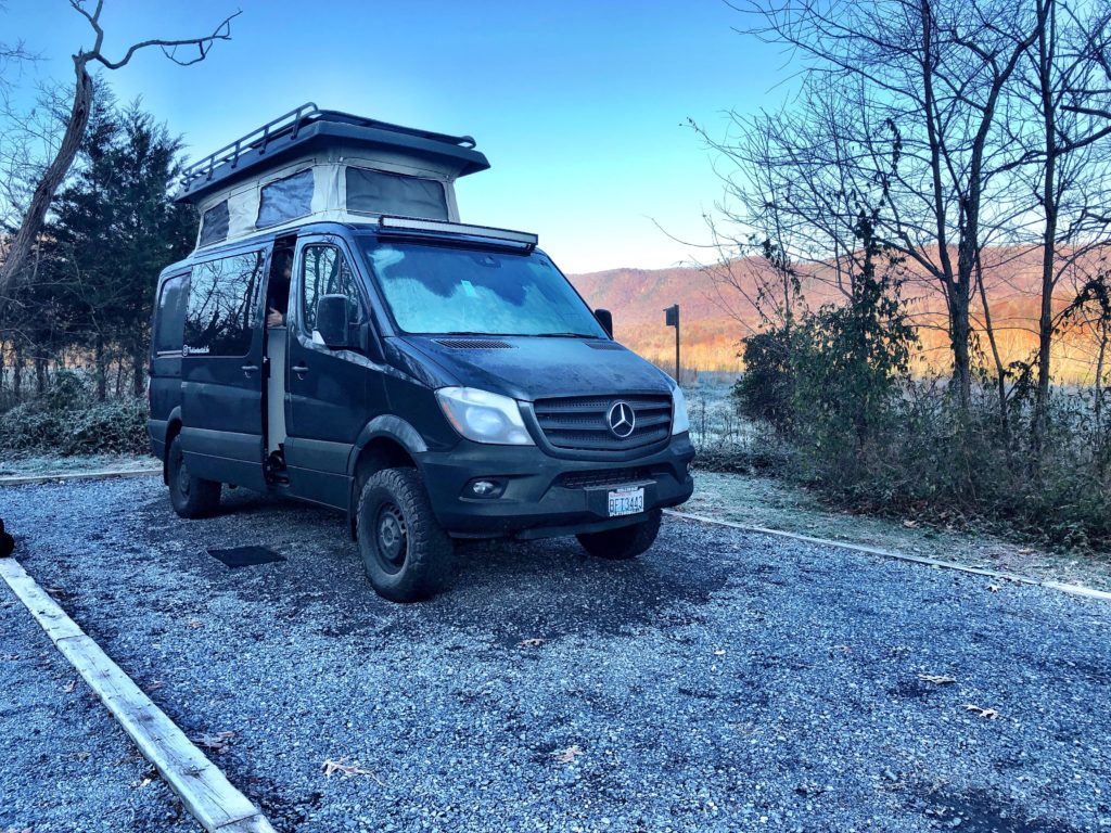 Our Mercedes Sportsmobile Sprinter van while Camping at Shenandoah River State Park