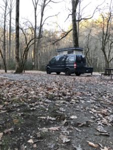 Pop top Sprinter van in Great Smoky Mountain campground
