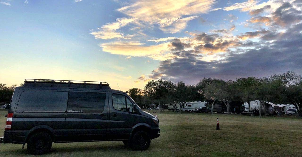 Sprinter van and Sunset at Larry and Penny campground