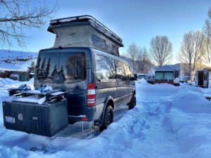 Momentum Vans Sportsmobile Mercedes Sprinter van parked at KOA in Steamboat Springs while riding with the IKON pass
