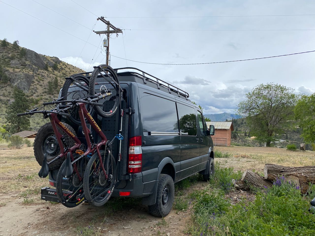 Sprinter van with Owl vans sherpa rack and Santa Cruz bikes