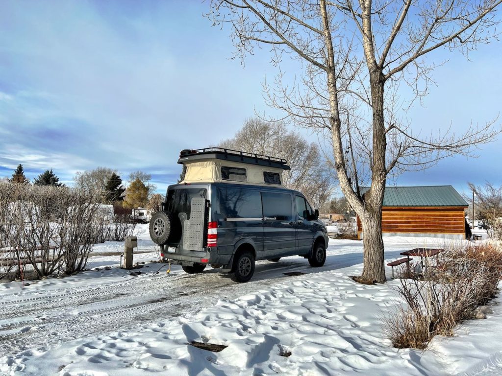 Our Sprinter van at the Bozeman Hot Springs Campground in the winter
