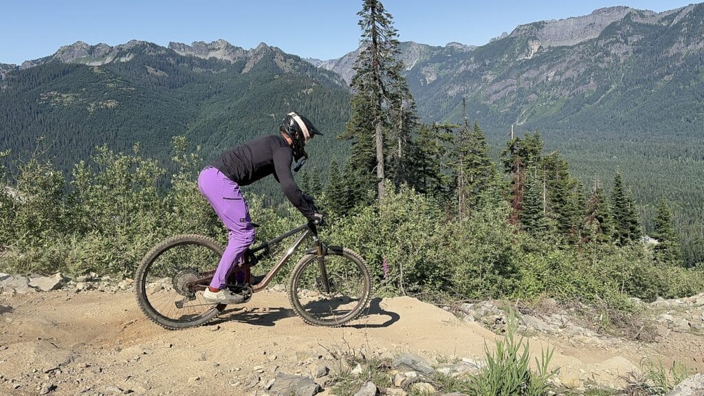 Riding Snoqualmie Pass with RideNF mountain bike pants and OR mountain bike top.