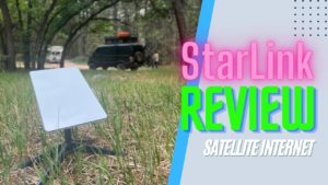 Starlink RV satellite dish with sprinter van in background