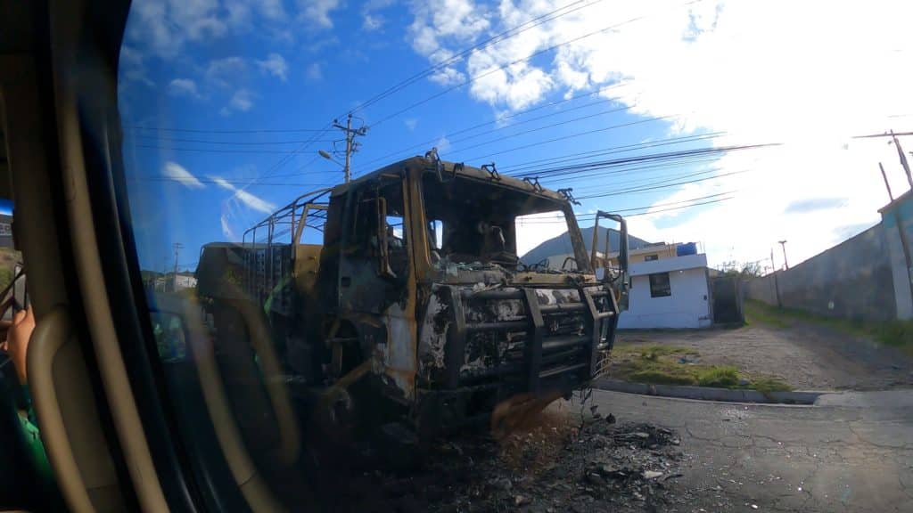 Burned up military truck from Ecuadorian protests 