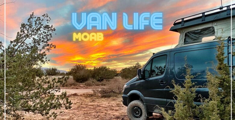 Pop top Sprinter van in moab with sunset